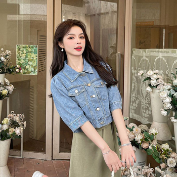 Γυναικείο τζιν μπουφάν σε vintage στυλ Χονγκ Κονγκ, άνοιξη και καλοκαίρι 2024, νέο, casual, all-match, κοντό μπουφάν για καθημερινές μετακινήσεις, μοντέρνο τοπ