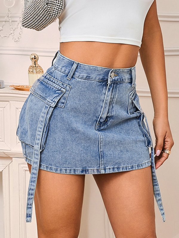 Raktáron 25 db Aliexpress Amazon határokon átnyúló tavaszi és nyári fűszeres lányos női farmer zsebes rugalmas szoknya rövid szoknya fém gombokkal