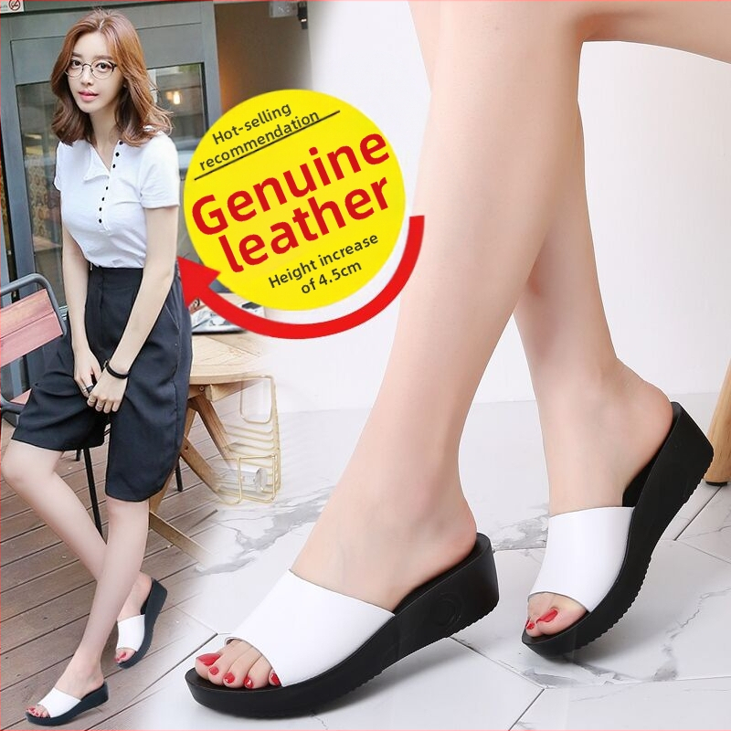 Дамски летни чехли от естествена кожа, черни, със среден ток, прости, неплъзгащи се, меко долно, удобни, изходящи, сандали на клин