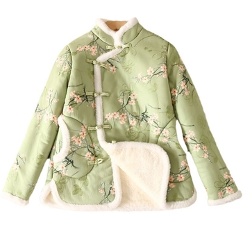 Palton nou în stil chinezesc, îngroșat, din pluș, bumbac, căptușit, pentru femei, Cheongsam tânăr, cu guler vertical, brodat cu cataramă, piele de căprioară, bumbac, palton de iarnă