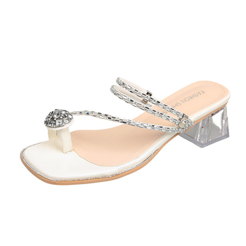 Γυναικείες παντόφλες με χοντρό τακούνι, καλοκαίρι 2024, νέα βρετανική μόδα, με στρας στα δάχτυλα, δύο ενδυμάτων, χονδρική πώληση