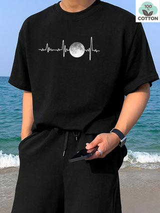 Férfi rövid ujjú, 180 g-os, 100% pamut "Holdfénykép" mintás póló, divatos, márkás, laza, alkalmi, sokoldalú, divatos, nyári