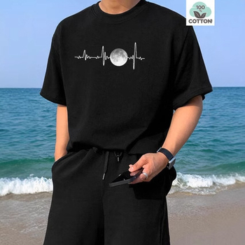 Férfi rövid ujjú, 180 g-os, 100% pamut "Holdfénykép" mintás póló, divatos, márkás, laza, alkalmi, sokoldalú, divatos, nyári