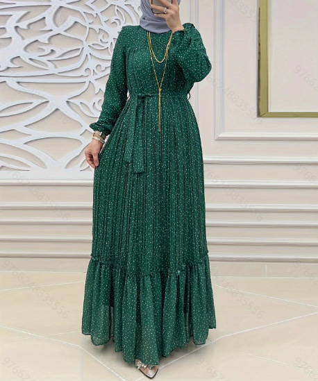 M2582 Közel-Kelet Amazon Új, pöttyös, sifon, övvel, divatos, elegáns muszlim ruha