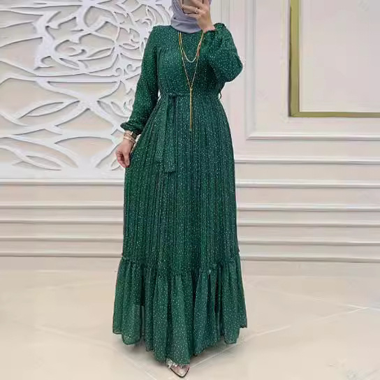 M2582 Közel-Kelet Amazon Új, pöttyös, sifon, övvel, divatos, elegáns muszlim ruha