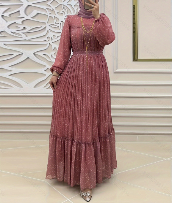 M2582 Közel-Kelet Amazon Új, pöttyös, sifon, övvel, divatos, elegáns muszlim ruha