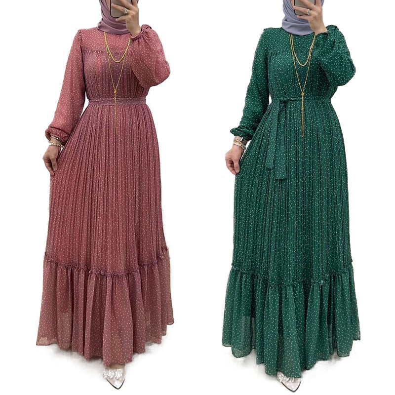 M2582 Tuvo Austrumu Amazon karstais jaunais Polka Dot šifons ar jostu, moderna eleganta musulmaņu kleita