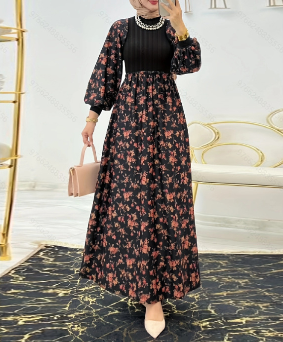 M2621 Határokon átnyúló közel-keleti muszlim új női kötött virágmintás divatos elegáns ruha