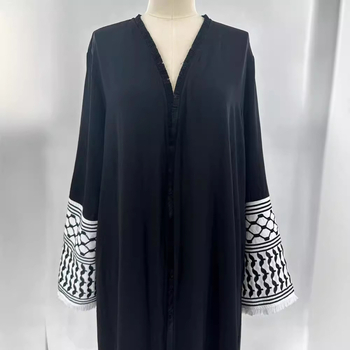 Διασυνοριακή Ρούχα Μουσουλμάνων στη Μέση Ανατολή Μόδα Κομψή Ζακέτα με Τσέπη Κεντημένη Χρωματική Αντίθεση Μαύρο και Άσπρο Φόρεμα Ρόμπα