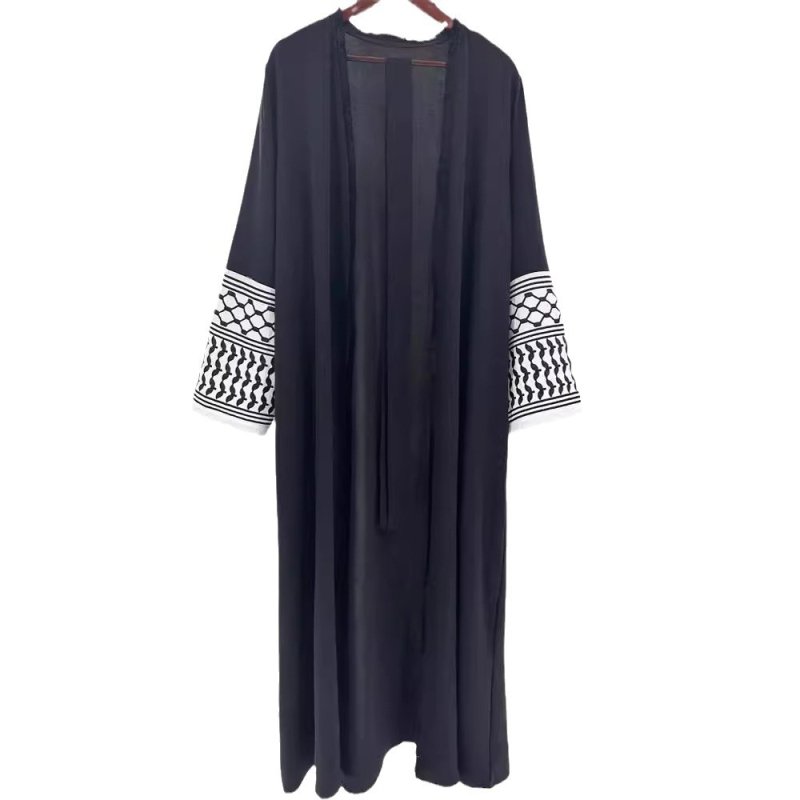 raktáron Határokon átnyúló közel-keleti muszlim ruházat divat elegáns zsebes kardigán hímzett színes kontrasztos fekete-fehér ruha köntös