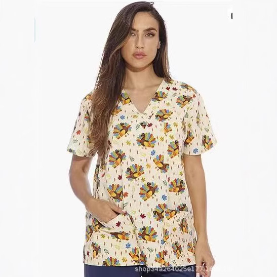 Női V-nyakú ápolónői ruházat, európai és amerikai, határokon átnyúló forrásból, közvetlenül a gyárból, AliExpressről, lezser, kényelmes, rövid ujjú, női, Phoenix mintás póló