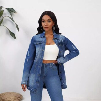 2024 új személyiség utcai lyuk farmer hosszú kabát mosott divat farmer hosszú ujjú kabát nagykereskedelem