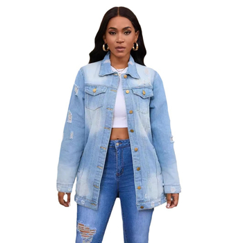 2024 νέο προσωπικότητα street hole τζιν μακρύ παλτό πλυμένο μόδα τζιν μακρυμάνικο παλτό χονδρικής