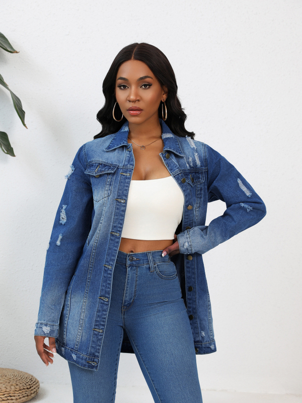 2024 új személyiség utcai lyuk farmer hosszú kabát mosott divat farmer hosszú ujjú kabát nagykereskedelem