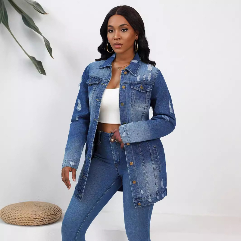 2024 új személyiség utcai lyuk farmer hosszú kabát mosott divat farmer hosszú ujjú kabát nagykereskedelem