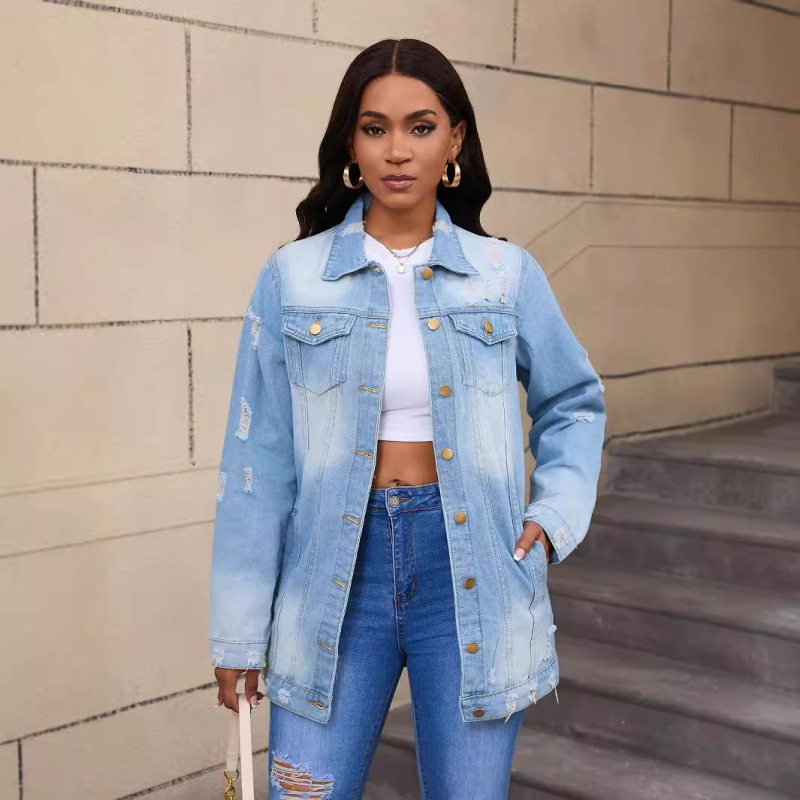 2024 új személyiség utcai lyuk farmer hosszú kabát mosott divat farmer hosszú ujjú kabát nagykereskedelem