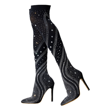 Cizme cu toc subțire și elastice, pentru comerț exterior european și american, cu strasuri, la modă, podium de noapte, sexy, cu toc înalt, cizme la genunchi