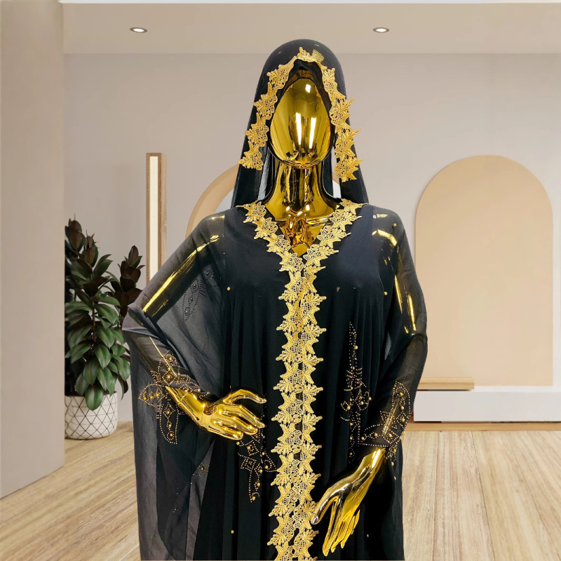 Skara Naujas stilius Karšto gręžimo nagų karoliukai Siuvinėtos nėrinių musulmoniškos suknelės Afrikos didelio dydžio moteriškas gobtuvas