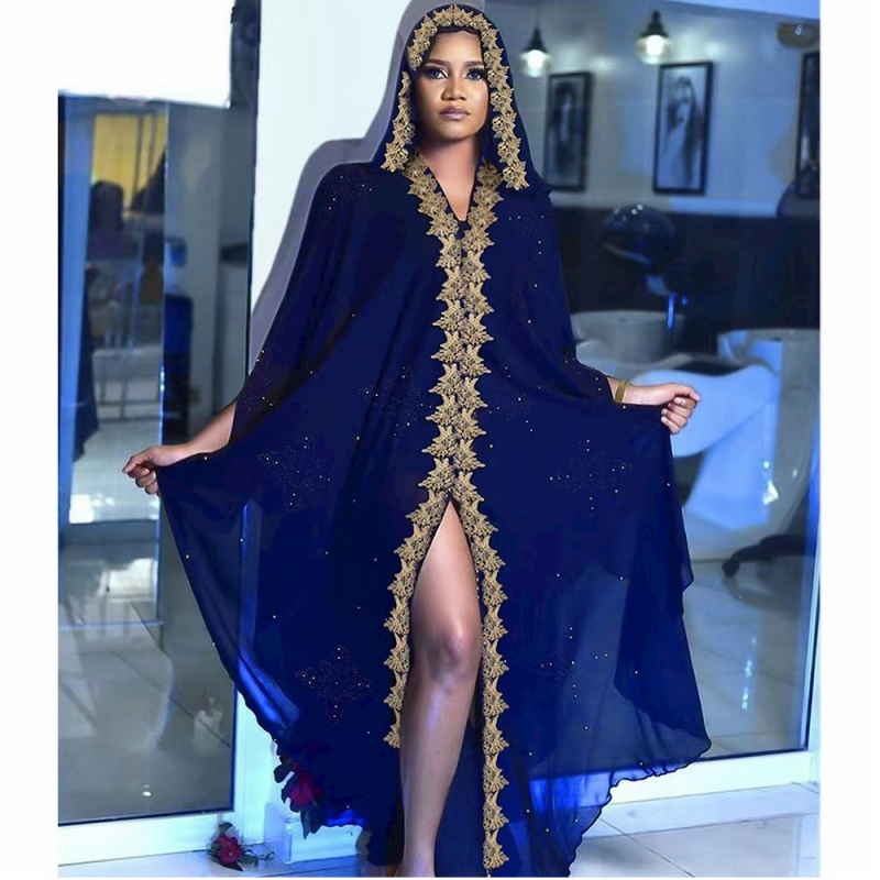 Skara Naujas stilius Karšto gręžimo nagų karoliukai Siuvinėtos nėrinių musulmoniškos suknelės Afrikos didelio dydžio moteriškas gobtuvas