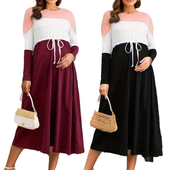 Tiesiogiai iš gamyklos sandėlyje – apvalios iškirptės, ilgomis rankovėmis, spalvų deranti nėščiosioms skirta suknelė, dovanojanti madingą suknelę.