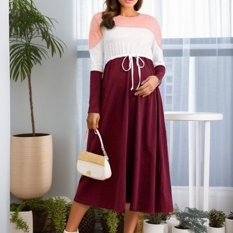 Tiesiogiai iš gamyklos sandėlyje – apvalios iškirptės, ilgomis rankovėmis, spalvų deranti nėščiosioms skirta suknelė, dovanojanti madingą suknelę.