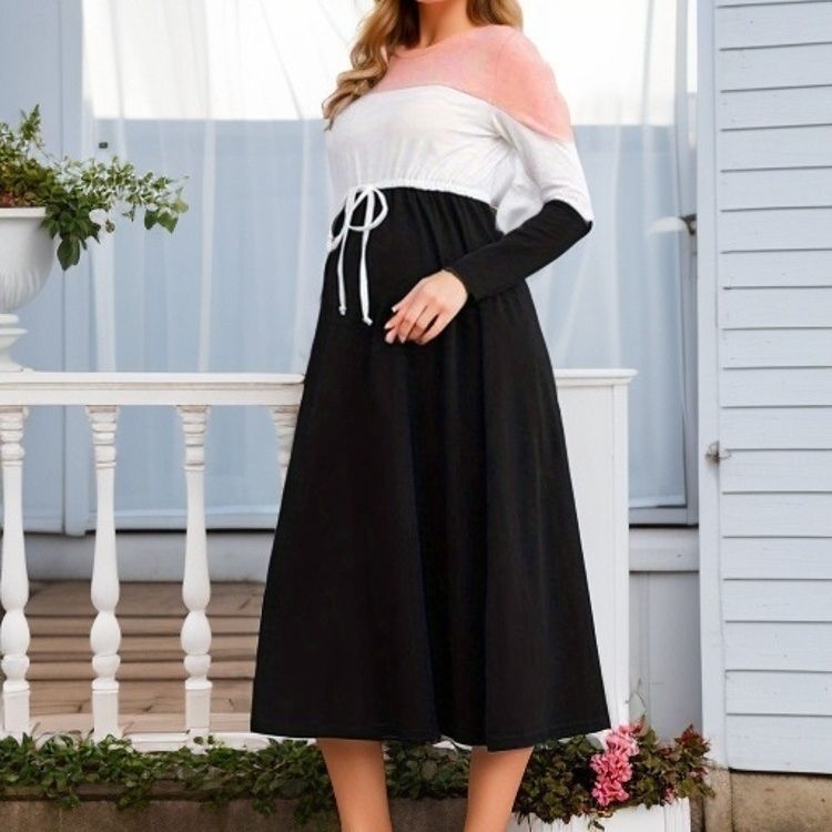 Tiesiogiai iš gamyklos sandėlyje – apvalios iškirptės, ilgomis rankovėmis, spalvų deranti nėščiosioms skirta suknelė, dovanojanti madingą suknelę.