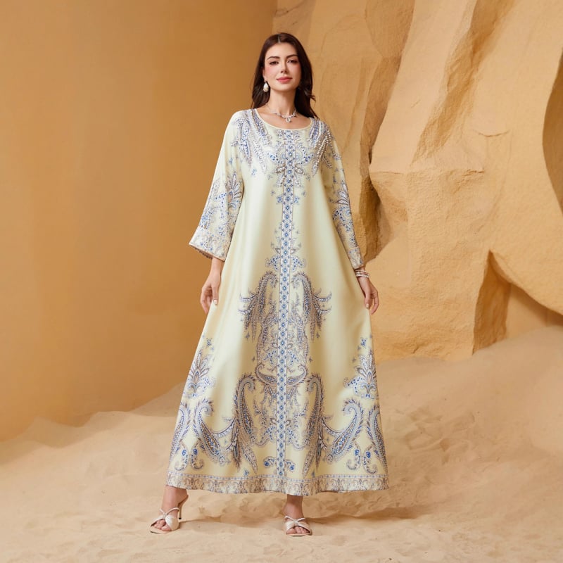 Zd011 Közel-Kelet Dubai Ins muszlim női köntös gyöngyös mintás kerek nyakú abaya közel-keleti stílusú ruha