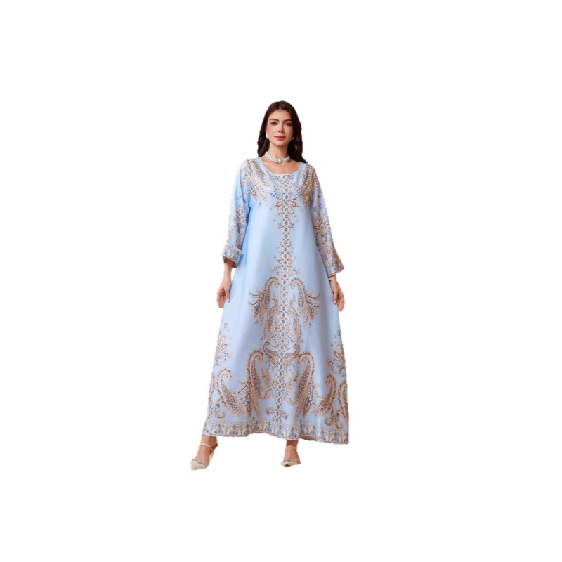 Zd011 Közel-Kelet Dubai Ins muszlim női köntös gyöngyös mintás kerek nyakú abaya közel-keleti stílusú ruha