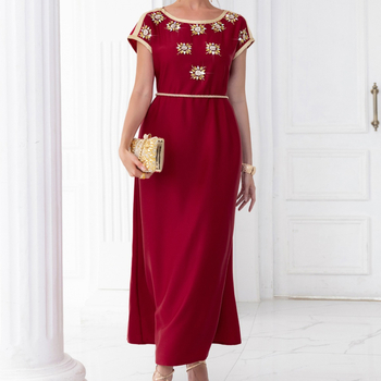 Rochie vintage cu mânecă scurtă, stil celebritate, BA7030, roșu vin, din satin Walt Heavy Industry, cusută manual cu diamant