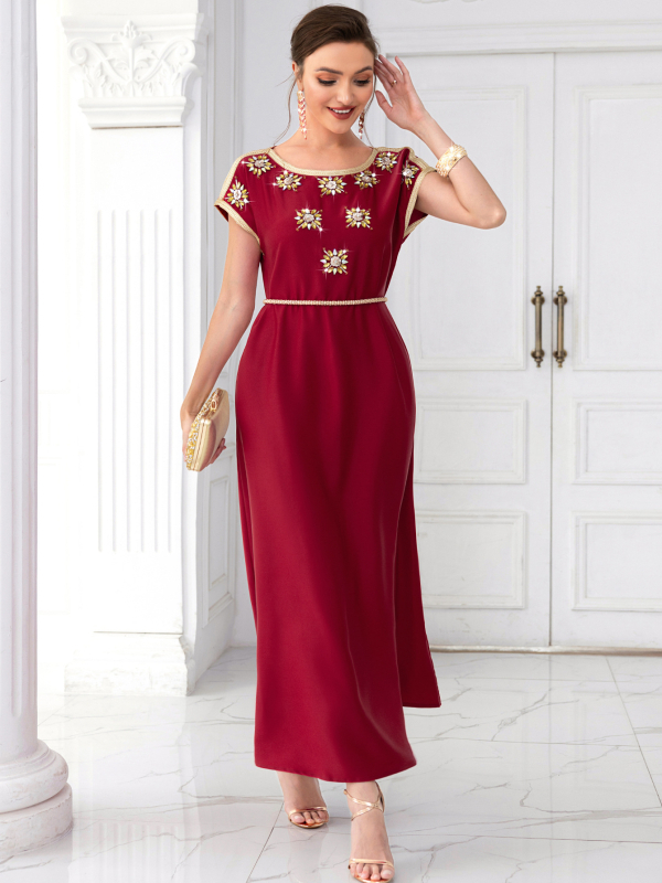 Rochie vintage cu mânecă scurtă, stil celebritate, BA7030, roșu vin, din satin Walt Heavy Industry, cusută manual cu diamant