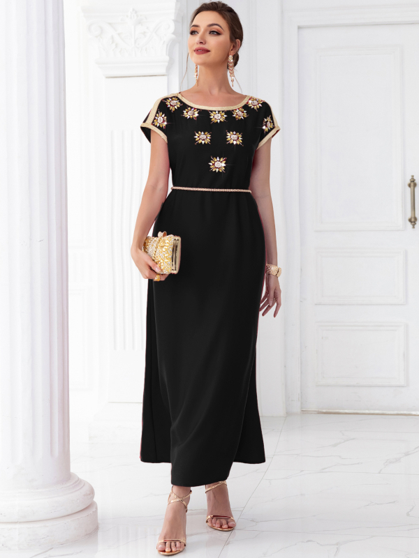 Rochie vintage cu mânecă scurtă, stil celebritate, BA7030, roșu vin, din satin Walt Heavy Industry, cusută manual cu diamant