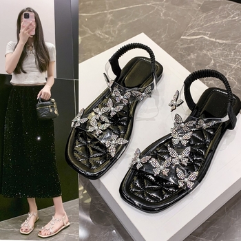 Szegélyes, pillangós, strasszos, lapos, szögletes orrú, peep toe szandálok gumiszalaggal, üreges strandszandálok, könnyű és kényelmes lapos sarkú szandálok