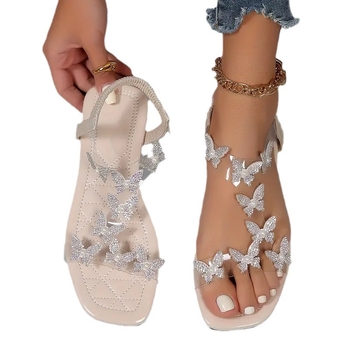 Szegélyes, pillangós, strasszos, lapos, szögletes orrú, peep toe szandálok gumiszalaggal, üreges strandszandálok, könnyű és kényelmes lapos sarkú szandálok