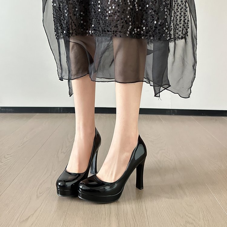 Pantofi de damă cu platformă și toc gros, stil coreean, cu vârf rotund și cataramă, curea, din piele lăcuită, prințesă