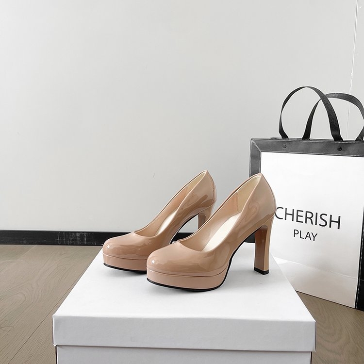 Pantofi de damă cu platformă și toc gros, stil coreean, cu vârf rotund și cataramă, curea, din piele lăcuită, prințesă