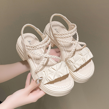 Дамски сандали на платформа за лято 2024, ново пристигане, ежедневни плажни сандали с една каишка и кръстосано тъкана панделка