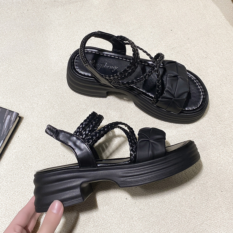 Дамски сандали на платформа за лято 2024, ново пристигане, ежедневни плажни сандали с една каишка и кръстосано тъкана панделка