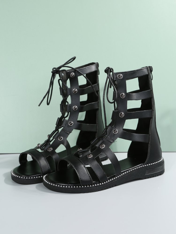 Európai és amerikai új üreges magas szárú szandálok nyitott orrú keresztpántos női cipők női nyári lapos sarok plus size római szandálok