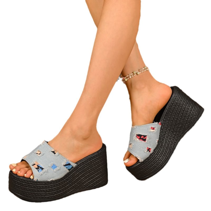 Užsienio prekybos plius dydžio 36-43 laisvalaikio džinsinės basutės moteriški batai 2024 m. rudens naujos pleišto formos šlepetės