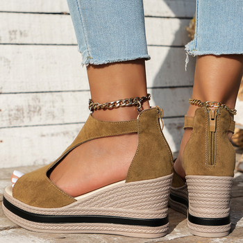 Nyári új, plus size külkereskedelmi női cipők, római stílusú, ék alakú, vastag talpú, üreges, halorrú szandálok, női külkereskedelmi magas sarkú szandálok