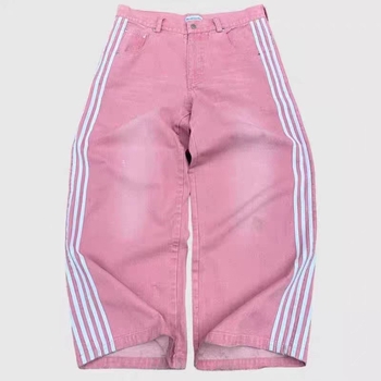 Amerikai stílusú retró harajuku jellegzetes utcai farmer csíkos dizájn egyenes szárú, széles szárú nadrág laza, lezser nadrág