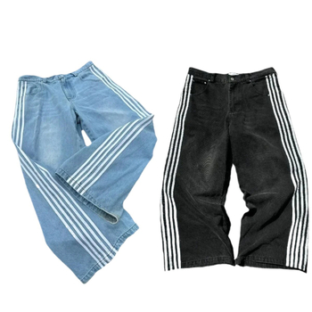 Amerikai stílusú retró harajuku jellegzetes utcai farmer csíkos dizájn egyenes szárú, széles szárú nadrág laza, lezser nadrág