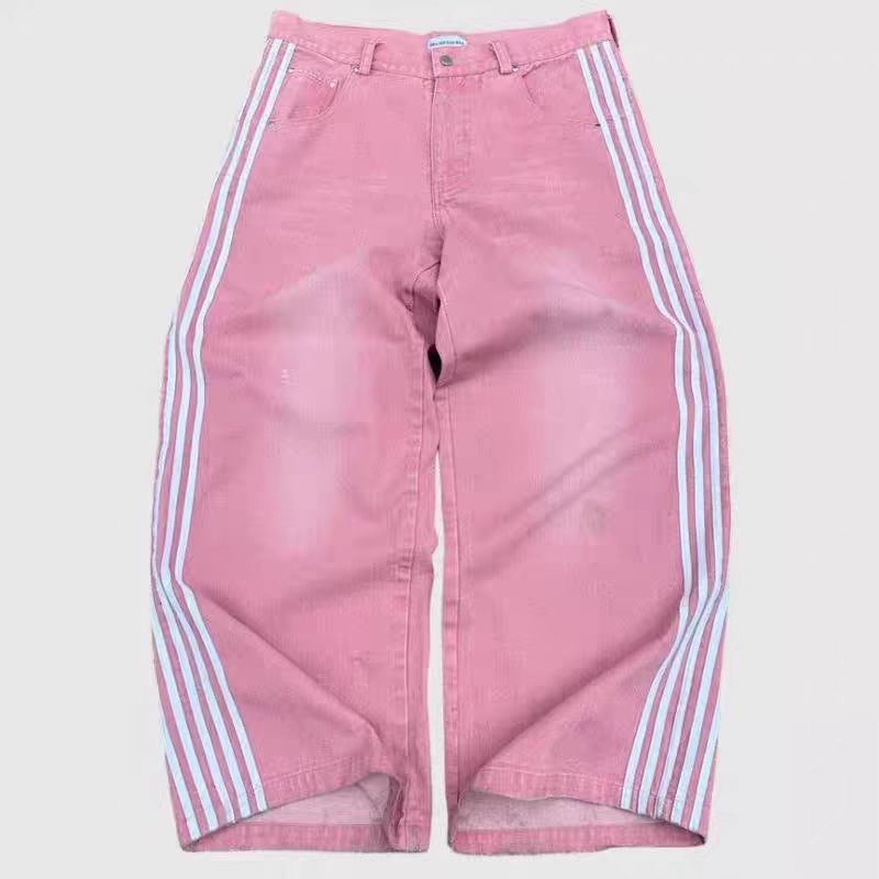 Amerikai stílusú retró harajuku jellegzetes utcai farmer csíkos dizájn egyenes szárú, széles szárú nadrág laza, lezser nadrág