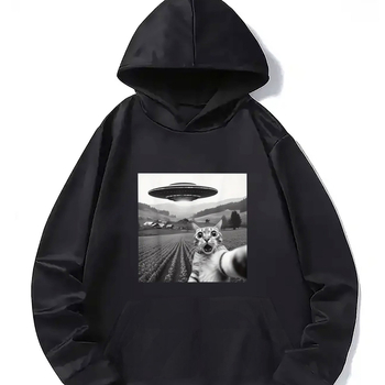 Férfi divatos, trendi Ufo macskás, laza kapucnis pulóver