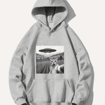 Férfi divatos, trendi Ufo macskás, laza kapucnis pulóver