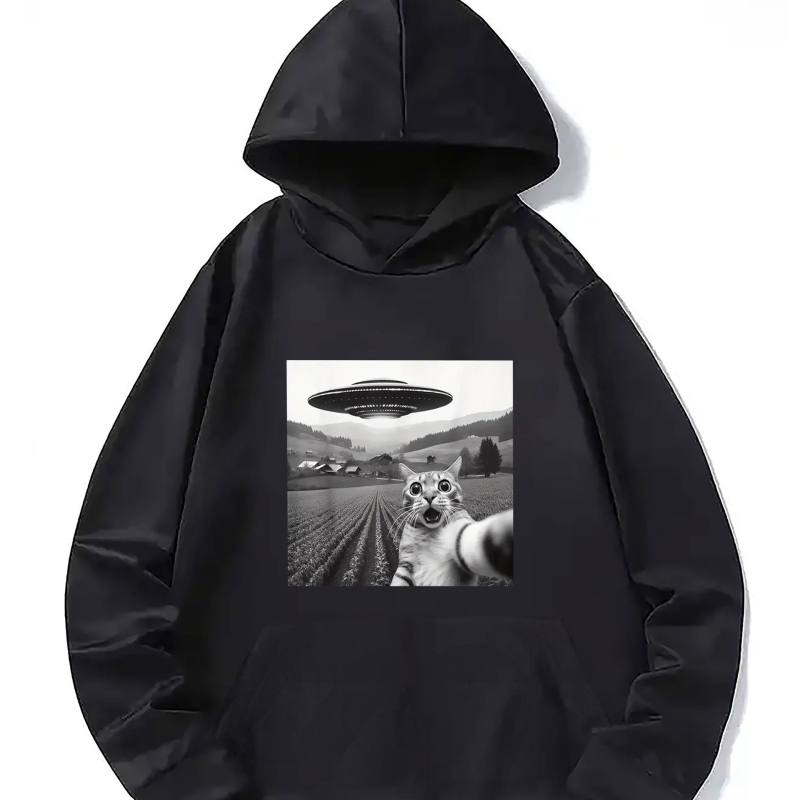 Férfi divatos, trendi Ufo macskás, laza kapucnis pulóver