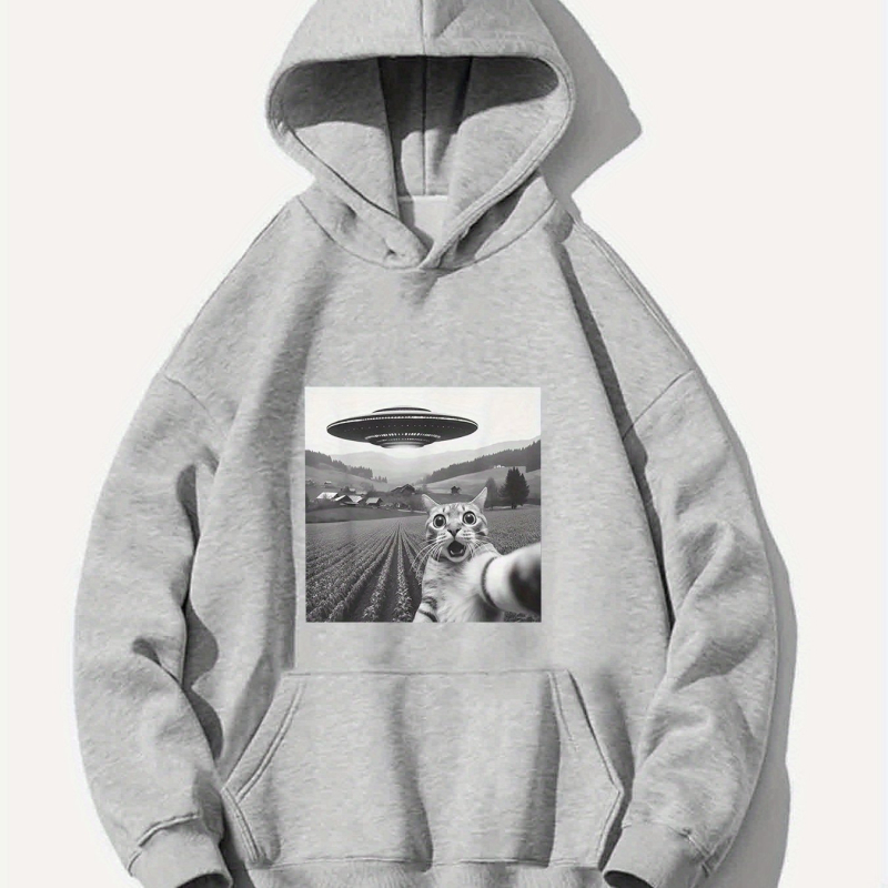 Férfi divatos, trendi Ufo macskás, laza kapucnis pulóver