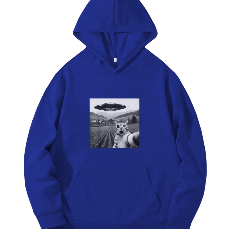 Férfi divatos, trendi Ufo macskás, laza kapucnis pulóver