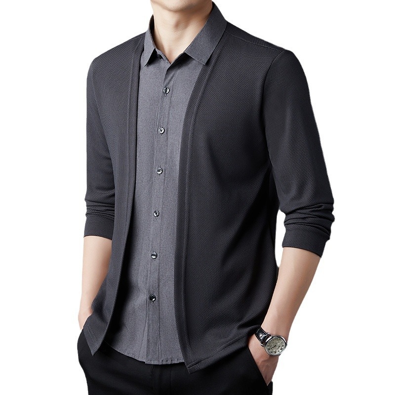 2024 őszi kardigán, hamis kétrészes, új, hosszú ujjú, hajtókás pulóver, fiatal és középkorú alkalmi ingek nagykereskedelemben