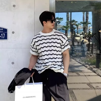 Trendi Márka High-end Sense Férfi Póló Rövid Ujjú Nyári Kerek Nyakú üreges Kötött Jacquard Ing Hullámos Csíkos Lezser Felső